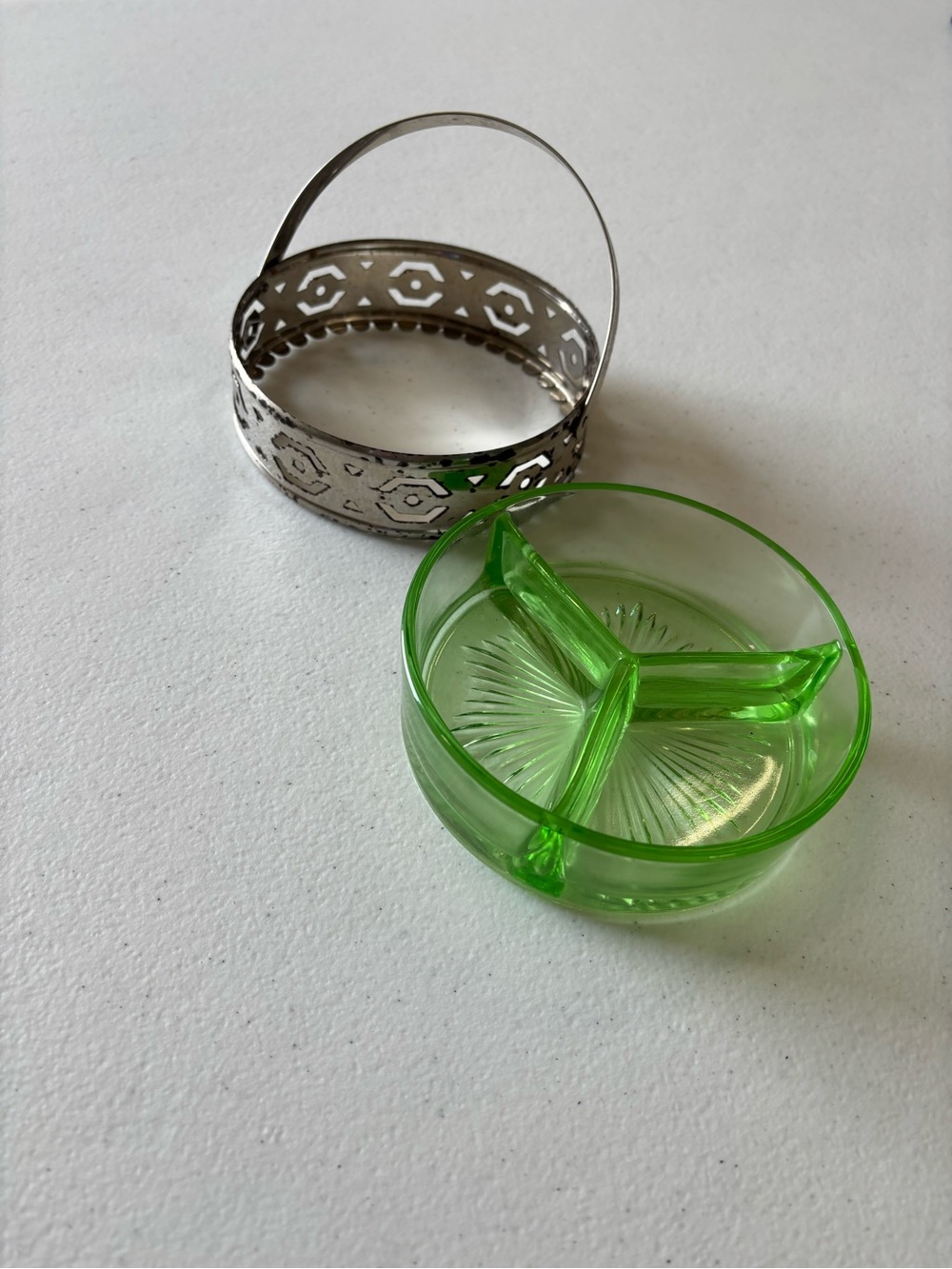 Vintage Green Glass Divided Candy Dish with Silver-Tone Basket - Picture 2 of 3